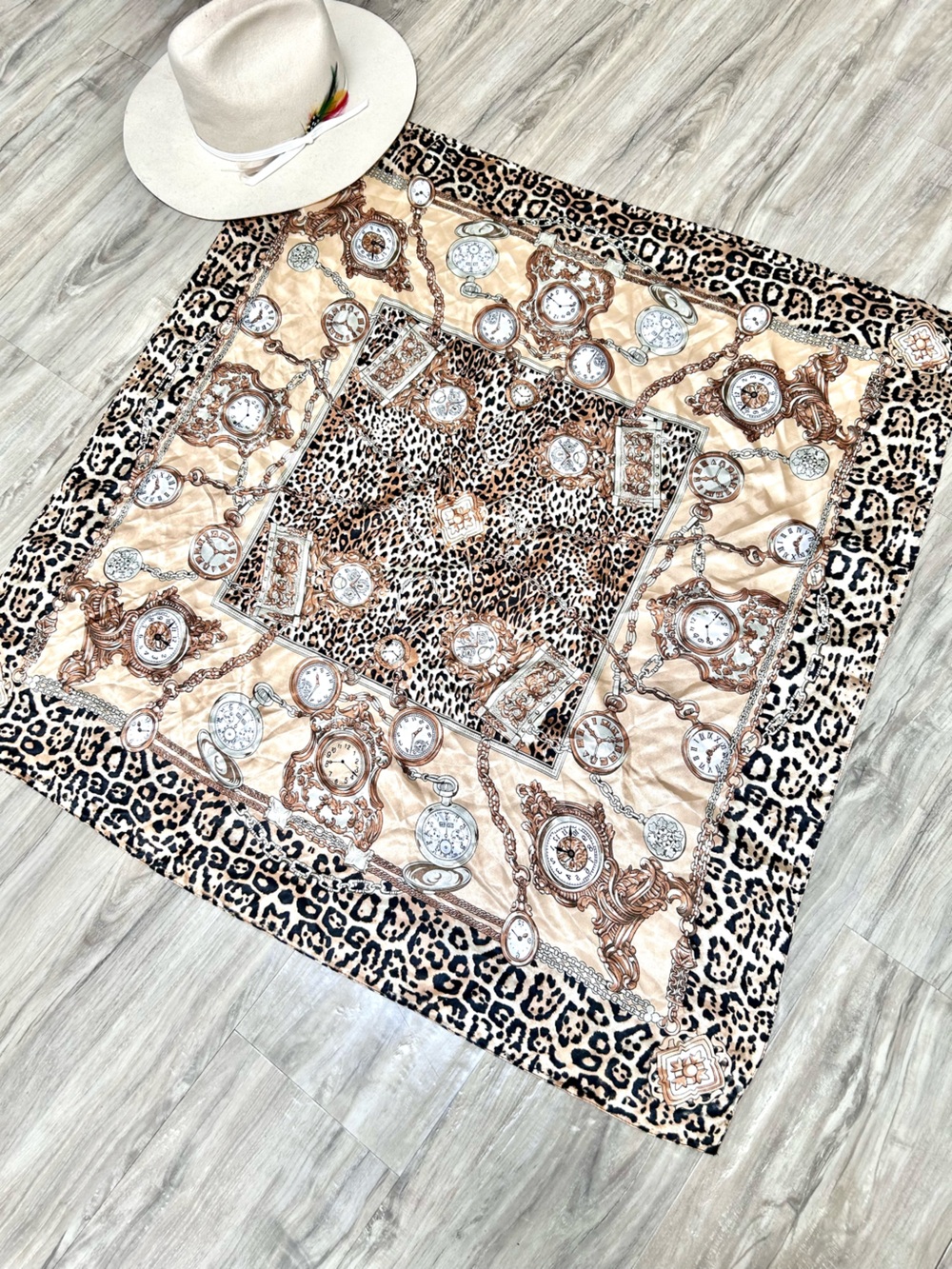 Vintage clocks Leopard Print Safari satin scarf w clocks retro midcentury vibe